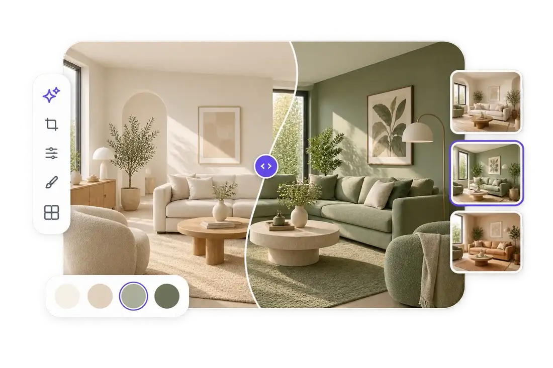 AI photo editor interface showing background replacement and image style adjustment features