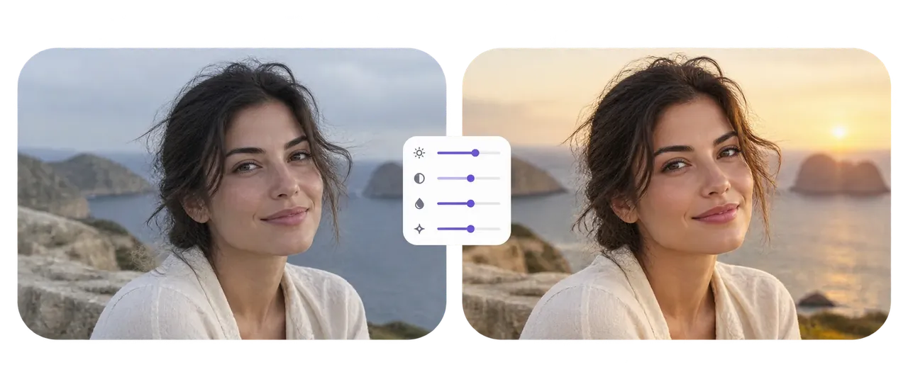 AI photo enhancement tool improving portrait lighting and image quality with before and after results