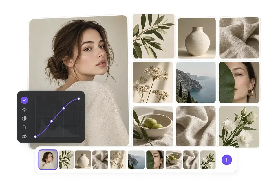 AI image editor workspace with photo adjustments, style options, and creative editing tools