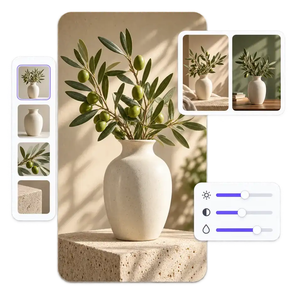 AI photo editor interface transforming a product photo with different visual styles and backgrounds