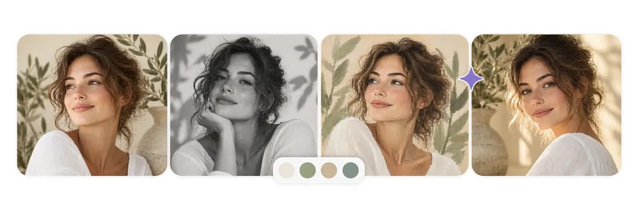 AI image editing tool previewing creative photo variations with color and style adjustments