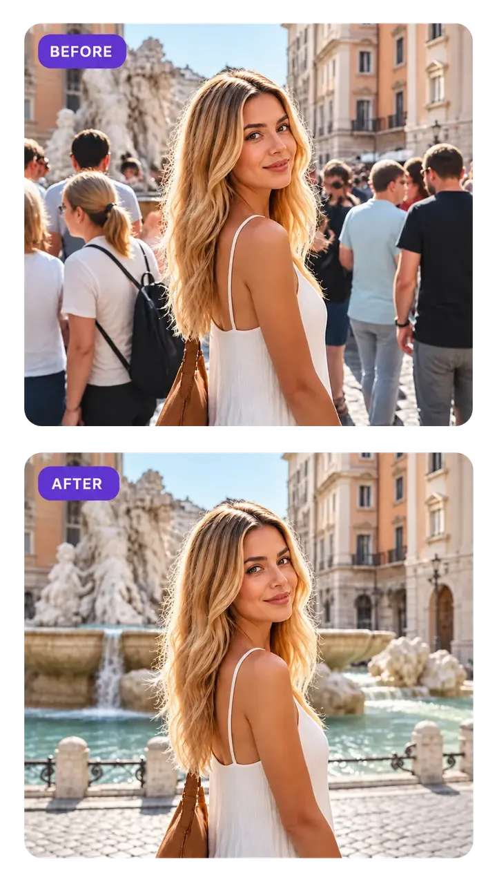 AI photo editing before and after removing a crowd from a travel portrait