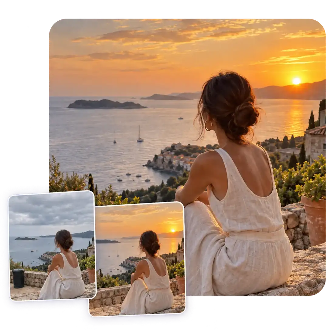 Coastal portrait with before and after examples of sky adjustment and distracting object removal