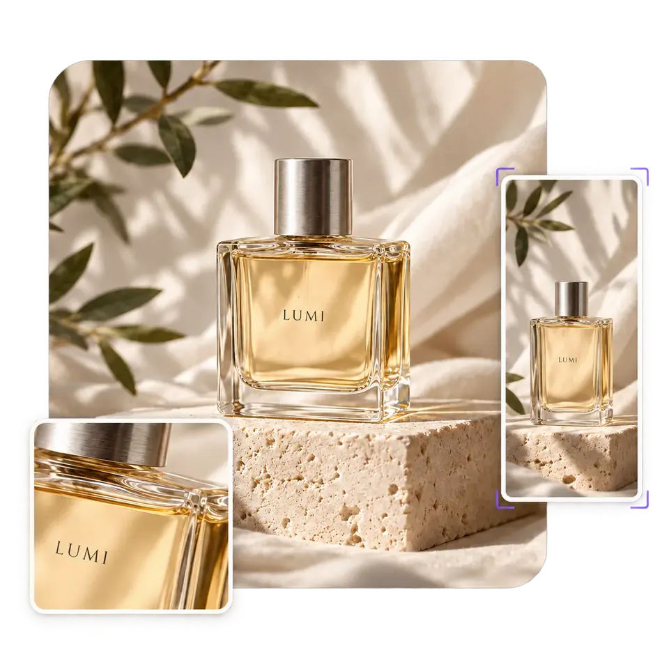 Refined perfume product photograph with a close-up detail and a portrait format composition