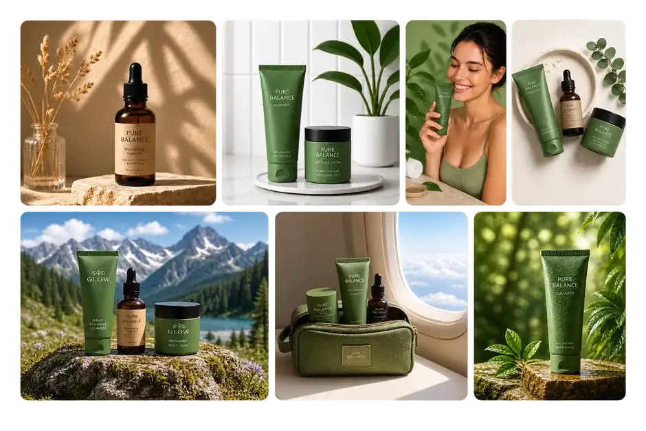 Skincare brand campaign collage with product displays, a beauty portrait, flat lay, mountain, travel and forest scenes