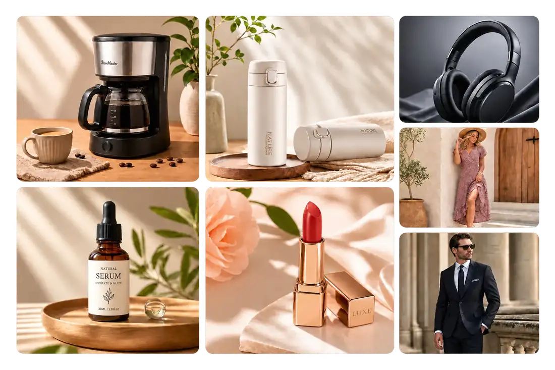 Product and fashion collage featuring a coffee maker, serum, insulated bottles, lipstick, headphones, a floral dress and a navy suit