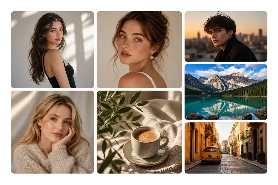 Photography collage with portraits, a mountain lake, coffee still life and a golden-hour city street