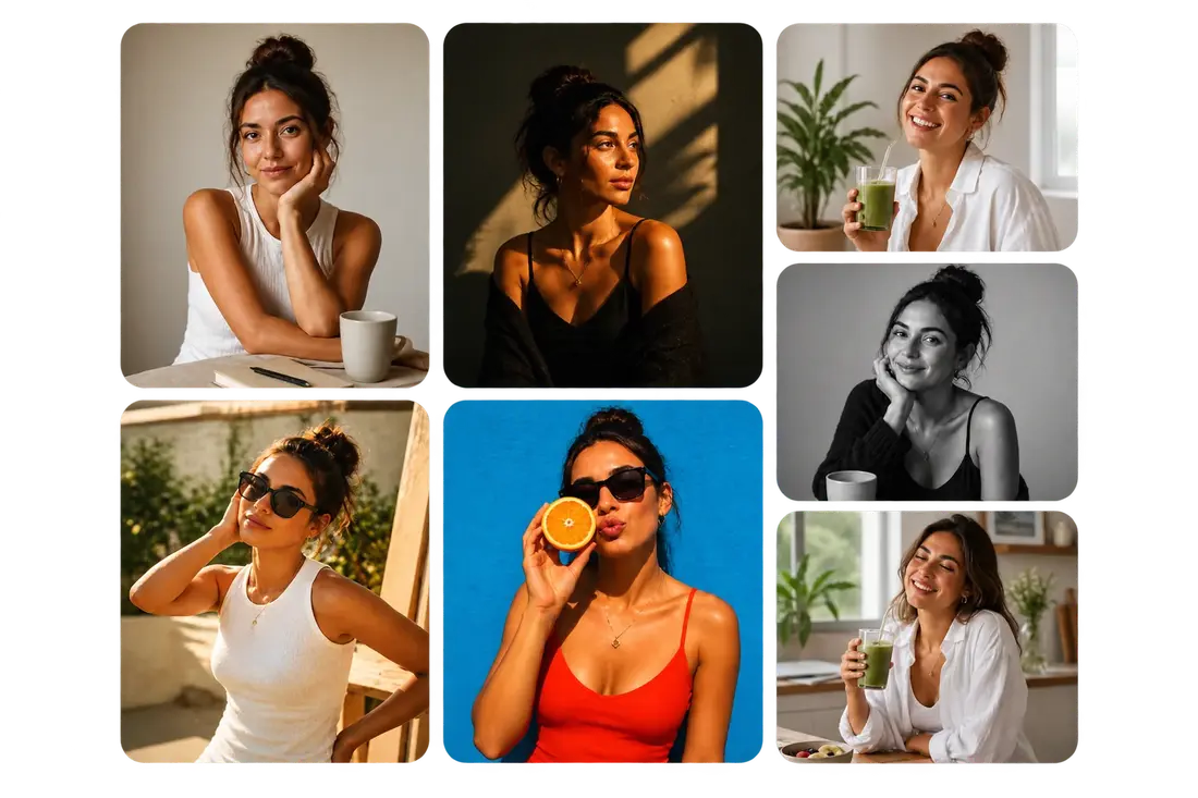 Social creator portrait collage with lifestyle, dramatic lighting, black and white, terrace and colorful variations